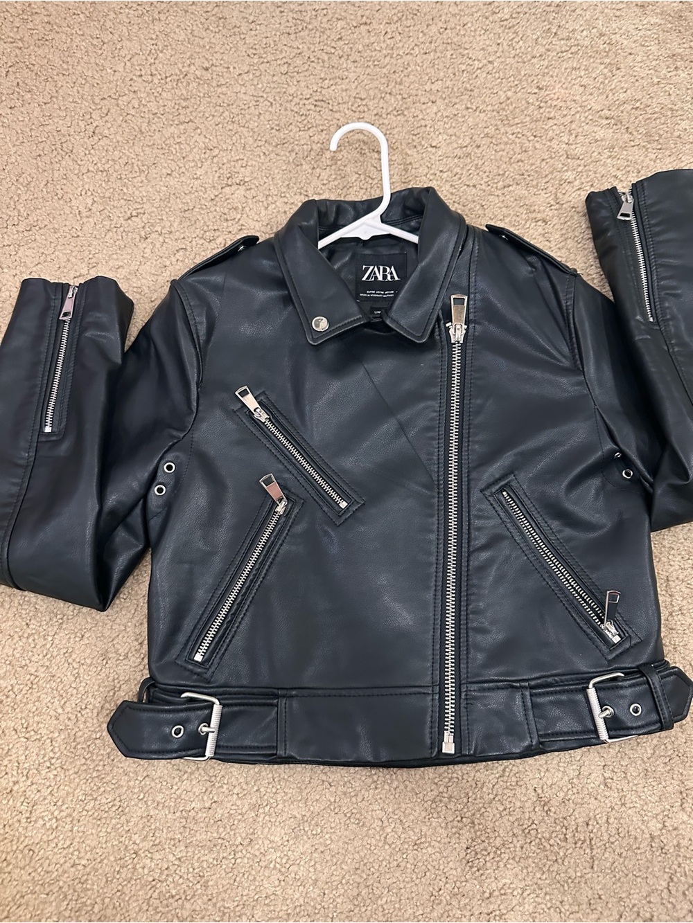 ZARA Black Faux Leather Biker Jacket with Silver Hardware
